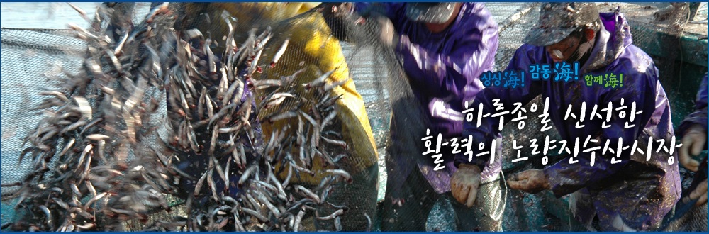 어부들이 멸치잡이를 하는 이미지와 표시된 문구는 하루종일 신선한 활력의 노량진수산시장 입니다.