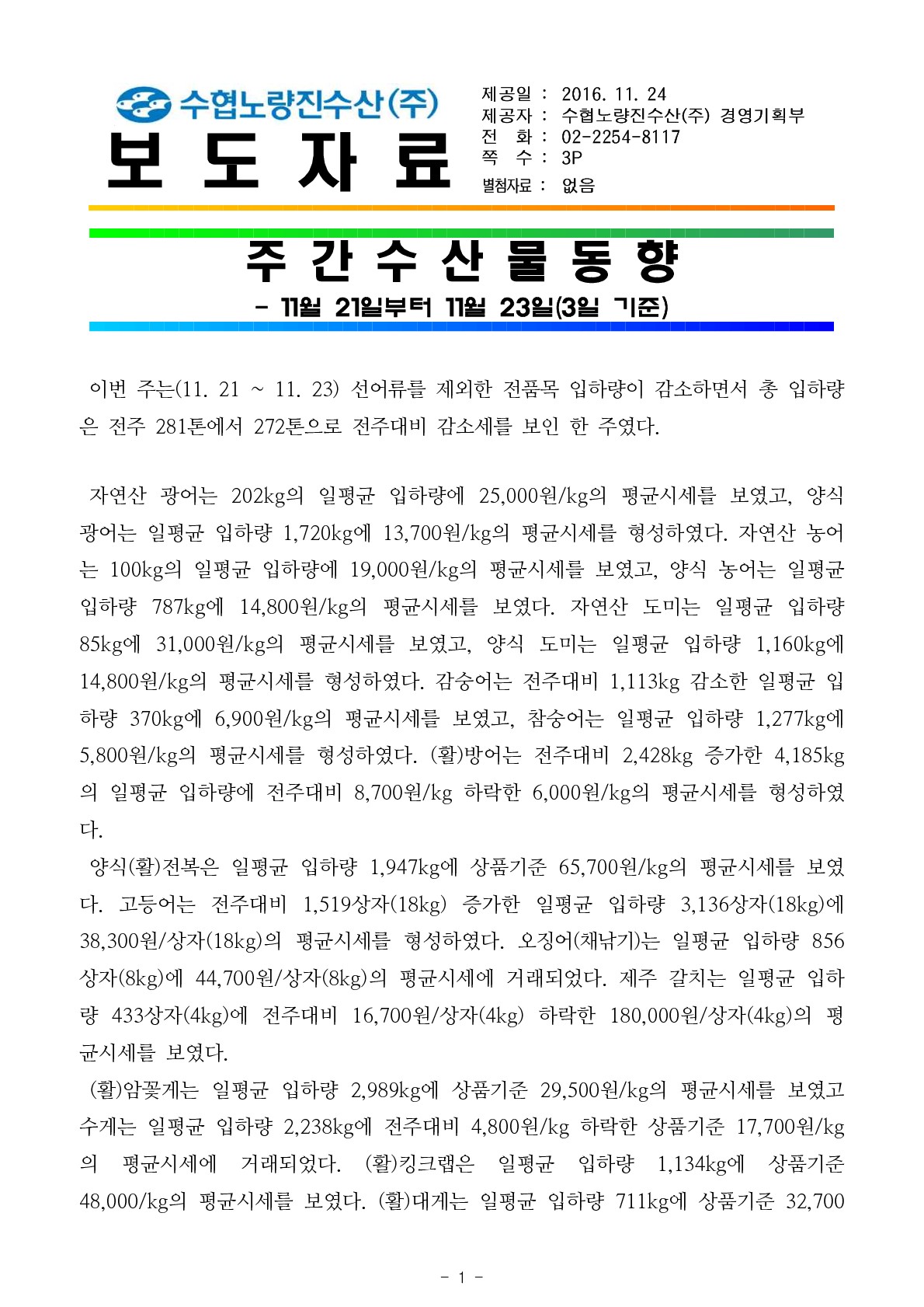 노량진수산주식회사 : 수산물가격정보 - 주간수산물동향