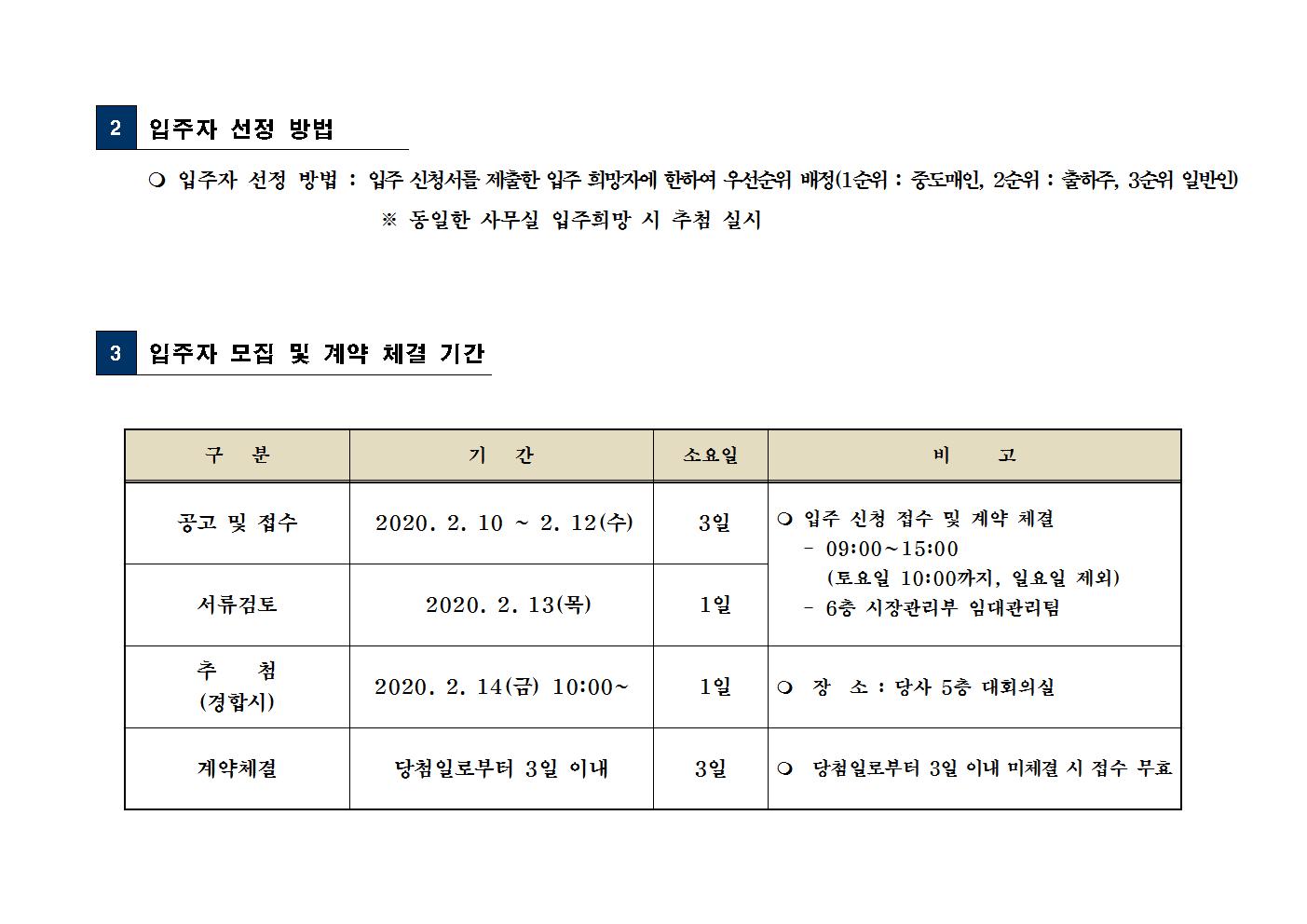 

2
 입주자 선정 방법

 입주자 선정 방법 : 입주 신청서를 제출한 입주 희망자에 한하여 우선순위 배정(1순위 : 중도매인, 2순위 : 출하주, 3순위 일반인)
                       ※ 동일한 사무실 입주희망 시 추첨 실시
                      


3
 입주자 모집 및 계약 체결 기간


구   분
기   간
소요일
비     고
공고 및 접수
2020. 2. 10 ~ 2. 12(수)
3일
 입주 신청 접수 및 계약 체결
- 09:00∼15:00
(토요일 10:00까지, 일요일 제외)
- 6층 시장관리부 임대관리팀
서류검토
2020. 2. 13(목)
 1일
추    첨
(경합시)
2020. 2. 14(금) 10:00~
 1일
  장  소 : 당사 5층 대회의실
계약체결
당첨일로부터 3일 이내
3일
  당첨일로부터 3일 이내 미체결 시 접수 무효

      