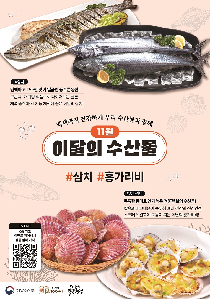 백세까지 건강하게 우리 수산물과 함께 11월 이달의 수산물 삼치 담백하고 고소한 맛이 일품인 등푸른생선! 고단백,저지방 식품으로 다이어트는 물론 체력 증진과 간 기능 개선에 좋은 이달의 삼치! 홍가리비 독특한 풍미로 인기 높은 겨울철 보양 수산물! 칼슘과 마그네슘이 풍부해 뼈의 건강과 신경안정,스트레스 완화에 도움이 되는 이달의 홍가리비!