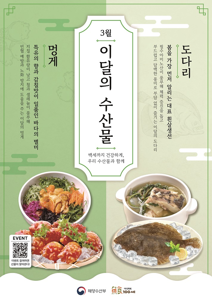 3월 이달의 수산물 백세까지 건강하게, 우리 수산물과 함께 도다리 봄을 가장 먼저 알리는 대표 흰살생선 필수아미노산이 풍부해 체력 증진을 돕고 부드럽고 담백한 풍미로 부담 없이 즐기는 이달의 도다리 멍게 특유의 향과 감칠맛이 일품인 바다의 별미 지질 함유량이 낮고 철과 셀레늄이 풍부해 빈형 예방과 노화 방지에 도움을 주는 이달의 멍게