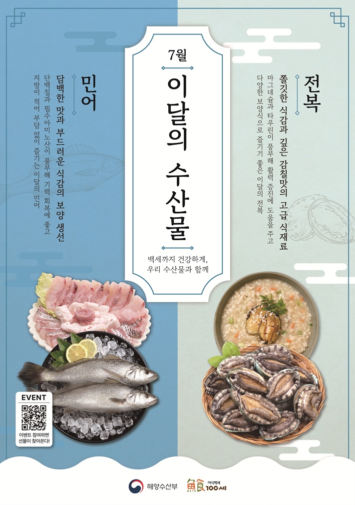 7월 이달의 수산물 백세까지 건강하게, 우리 수산물과 함께 전복 쫄깃한 식감과 깊은 감칠맛의 고급 식재료 마그네슘과 타우린이 풍부해 활력 증진에 도움을 주고 다양한 보양식으로 즐기기 좋은 이달의 전복 민어 담백한 맛과 부드러운 식감의 보양 생선 단백질과 필수아미노산이 풍부해 기력 회복에 좋고 지방이 적어 부담 없이 즐기는 이달의 민어
